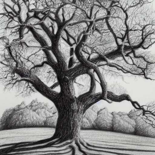 Image similar to oak tree on a hill, pencil drawing, detailed