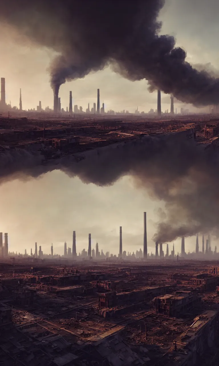 Image similar to low angle shot of dirty polluted derelict destroyed city with smoke stacks in the distance by Andrei Riabovitchev and Craig Mullins, 8k, hyperrealism, hyper realistic, highly detailed, octane render, award winning photography, artstation, cgsociety, concept art, conceptartworld, volumetric lighting, cinematic lighting, cinematic composition