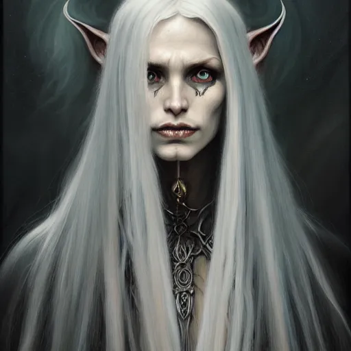 Image similar to portrait painting of a witch elf with long grey hair, sharp focus, award - winning, trending on artstation, masterpiece, highly detailed, intricate. art by seb mckinnon