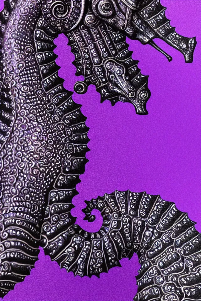 Image similar to a close - up portrait of a purple ornate seahorse statue, black paper, billions of details, beautiful intricate painting by kokaris