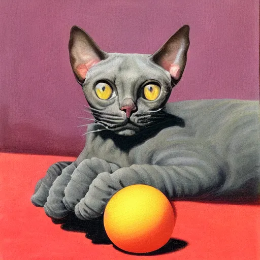 Prompt: painting of a devon rex, cornish rex cat playing with a ball of yarn, magritte