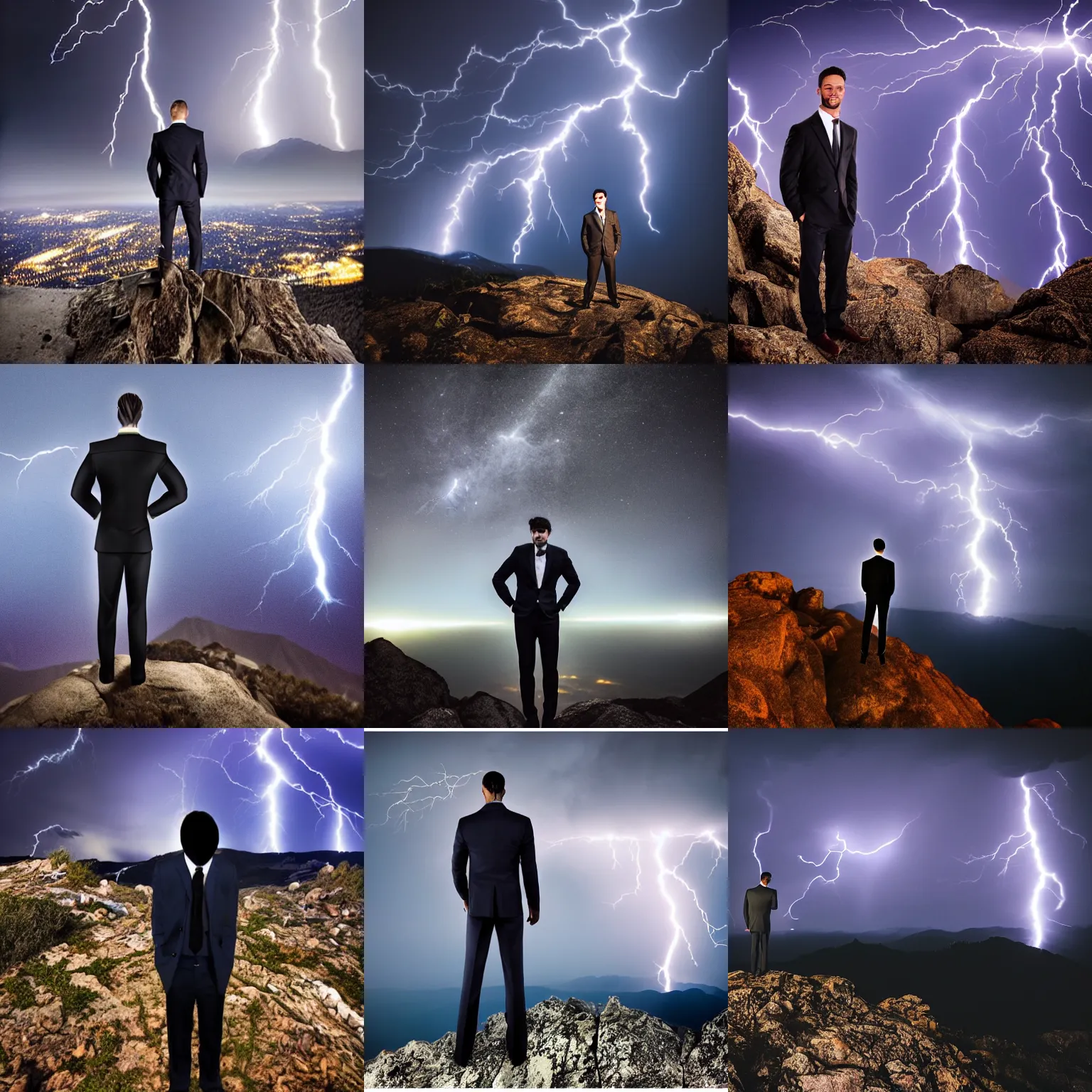 Prompt: Dark Brandon, full body, standing on mountain peak at night, wind blowing his suit, lightning bolts behind him