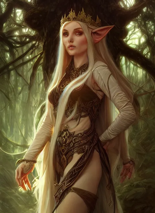 Image similar to portrait of a fantasy elf female sorceress queen with long hair flowing in an ancient forest filled with magic, highly detailed, digital painting, artstation, smooth, sharp focus, illustration, art by artgerm and greg rutkowski and alphonse mucha, fine face