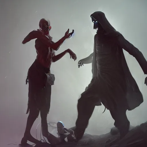 Prompt: A Doctor defends a patient from the Grim Reaper, by Cedric Peyravernay, highly detailed, excellent composition, cinematic concept art, dramatic lighting, trending on ArtStation