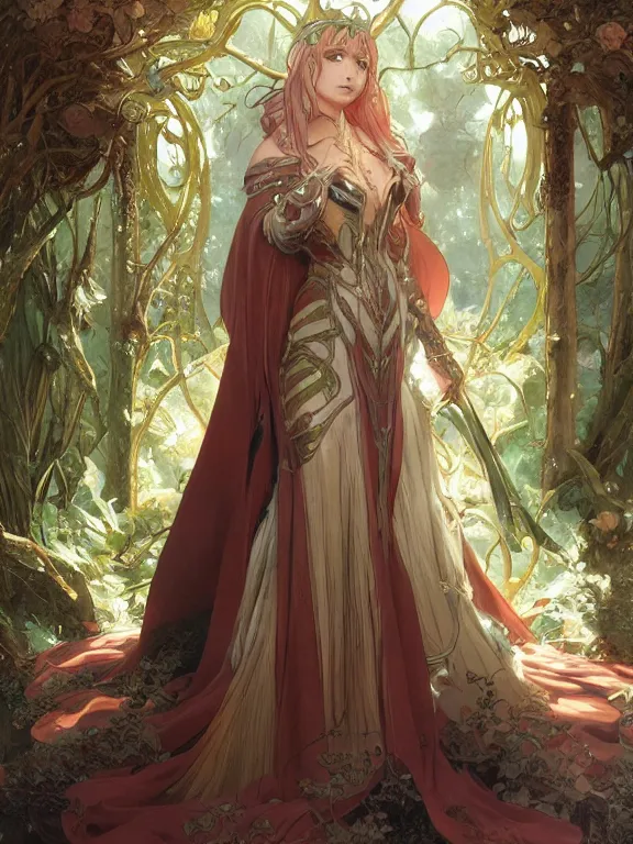 Image similar to anime key visual of amora the enchantress wearing a medieval gown!! intricate, magical forest, stunning, highly detailed, digital painting, artstation, smooth, hard focus, illustration, art by artgerm and greg rutkowski and alphonse mucha