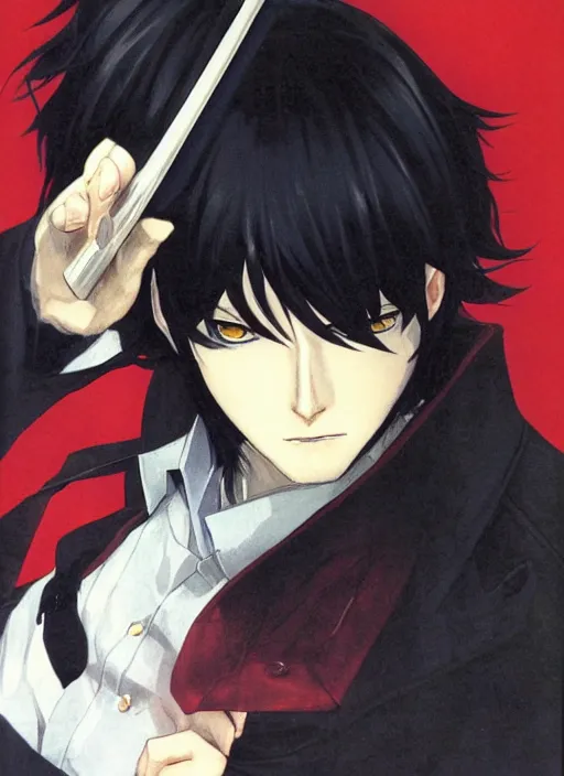 Image similar to portrait by shigenori soejima, handsome male vampire, focus on face, holding a sword, long black hair, dark blue shirt, light brown coat, red - eyes,