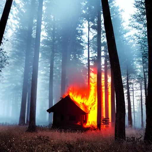 Image similar to burning cabin in the woods volumetric lighting foggy