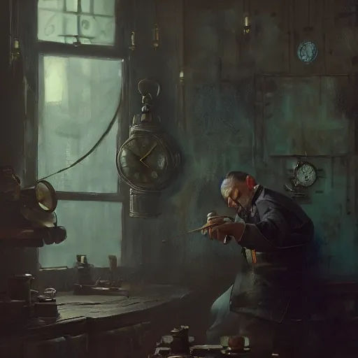 Prompt: an old watchmaker repairing an old pocket watch in a dark store, steampunk, painted by fenghua zhong and ruan jia and jeremy lipking and peter mohrbacher, mystical colors, rim light, beautiful lighting, 8 k, stunning scene, raytracing, octane, trending on artstation