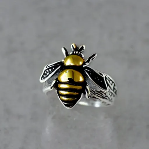 Image similar to a bee - patterned silver stone ring, realistic, high detailed, light colors