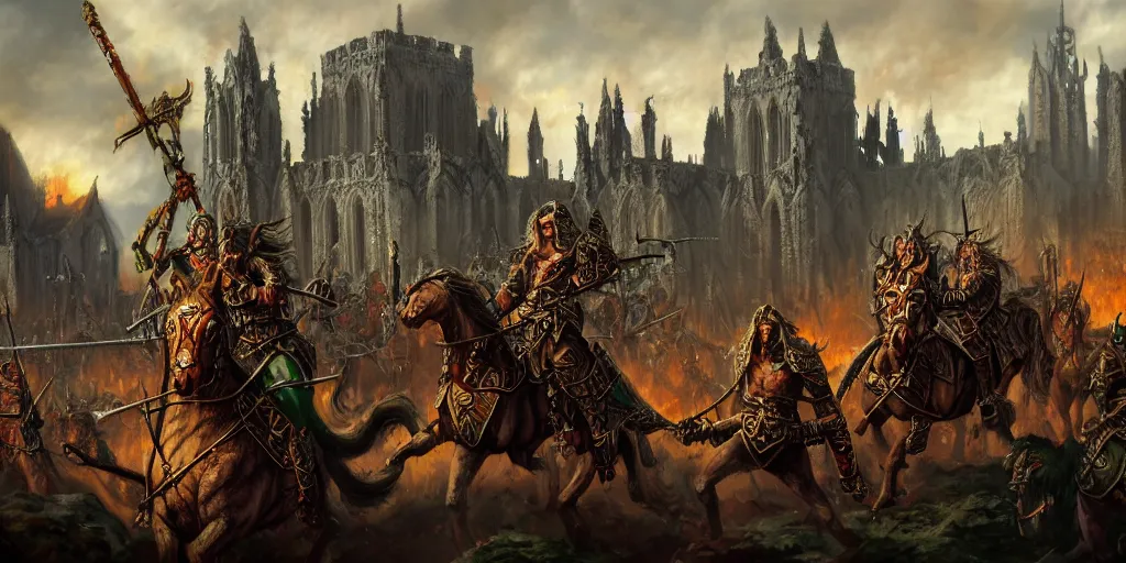 Prompt: highly detailed portrait painting of an ancient elves on hell horses war battle, abbey warhammer battle, old abbey in the background, carhedrals, giant columns, by eddie mendoza and liang xing, 8 k resolution