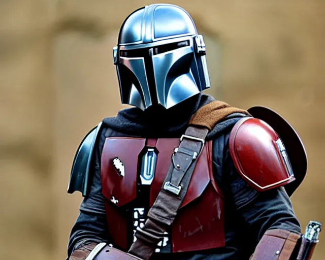 Image similar to a mandalorian is looking at the helmets