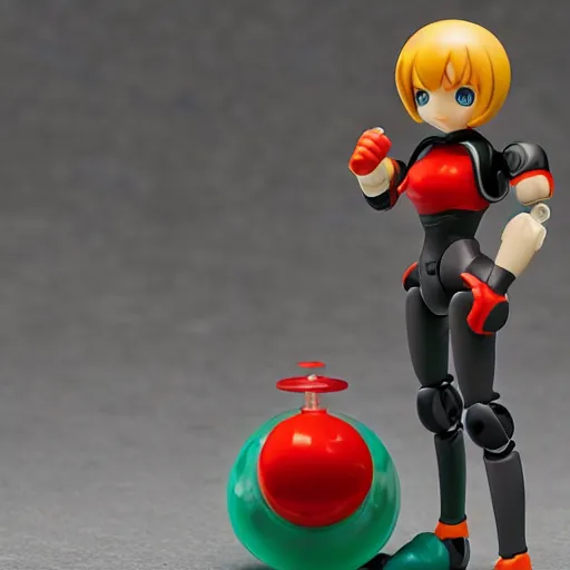 Prompt: photo of figma figures in a diorama of a laboratory : : roll is repairing computers, and she is a cute female ball - jointed robot ( in the style of mega man ) with blonde hair with bangs and a ponytail tied with a green ribbon. she is wearing a red one - piece dress with a white collar, and red boots.