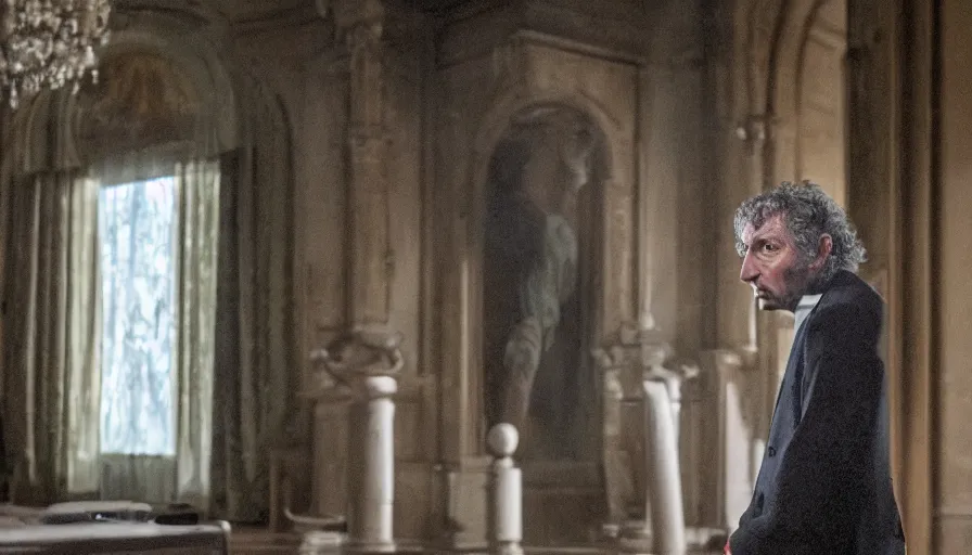 Image similar to hyper-realistic and anamorphic 2010s movie still of le juge françois renaud, by Paolo Sorrentino, Leica SL2 30mm, beautiful color, high quality, high textured, lens flare