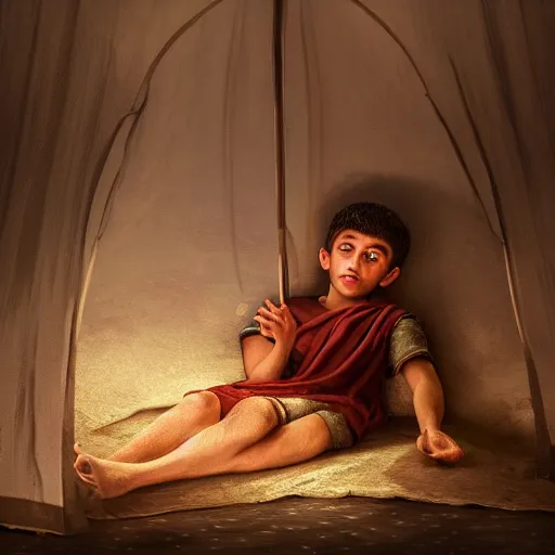 Prompt: Beautiful hyperrealistic detailed matte portrait painting of 12 year old middle eastern skinned boy with short hair and Biblical clothing sleeping. Interior of ancient tent. Nightime. Light rays shine onto his body. post processing, ultra detailed, trending on artstation