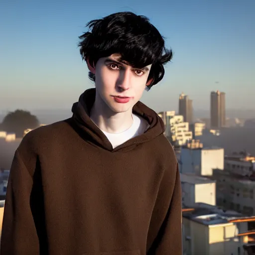 Image similar to un ultra high definition studio quality photograph portrait of a pale young man with black hair standing on the rooftop of an apartment building wearing all eclectic clothes. wide angle. morning. clear. fog. three point light. extremely detailed. golden hour, golden ratio, ray tracing, volumetric light, shallow depth of field.