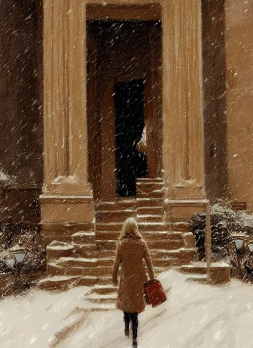 Image similar to back of emma stone in beige coat, walking into new york apartment building in winter, opening door, building entrance, snow, zoomed out, artwork by gaston bussiere, craig mullins, trending on artstation