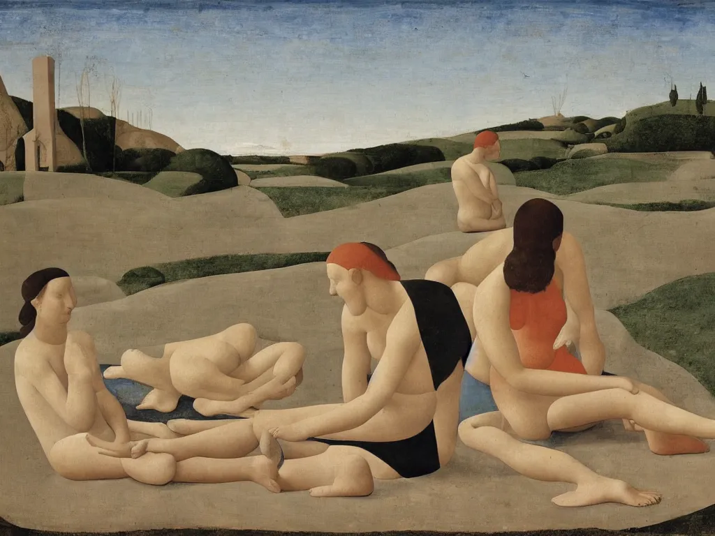 Prompt: Woman and man sitting with their soles touching in opposite directions on the sand. Landscape sculpted by Henri Moore. Painting by Piero della Francesca, Morandi, Balthus