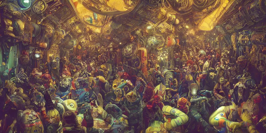 Image similar to the hallway of a space station crowded with strange characters and chaos, clown in the center of the hallway throwing a banana peel, insanely detailed and intricate, hypermaximalist, elegant, ornate, hyper realistic, super detailed, Art Deco, cinematic, trending on artstation, magic the gathering artwork, centered