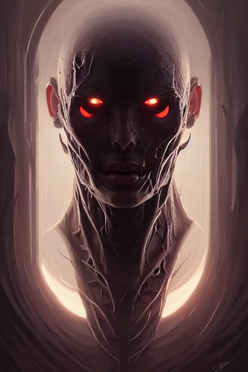 Image similar to professional concept art symmetrical portrait of a ominous floating!! organic terrifying!! species thing in a dark room by artgerm and greg rutkowski. an intricate, elegant, highly detailed digital painting, concept art, smooth, sharp focus, illustration, in the style of cam sykes.