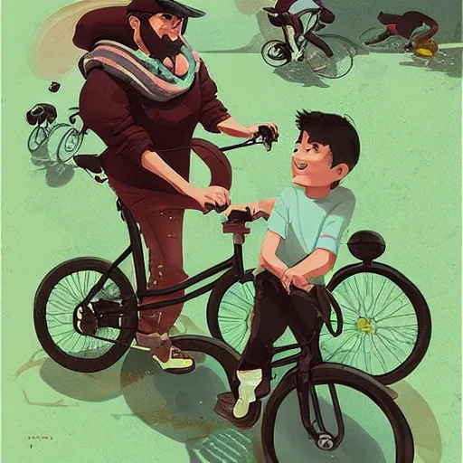 Prompt: a father helping his son ride a bike for the first time, flat graphic style, children's book illustration by Loish, Wenjun Lin