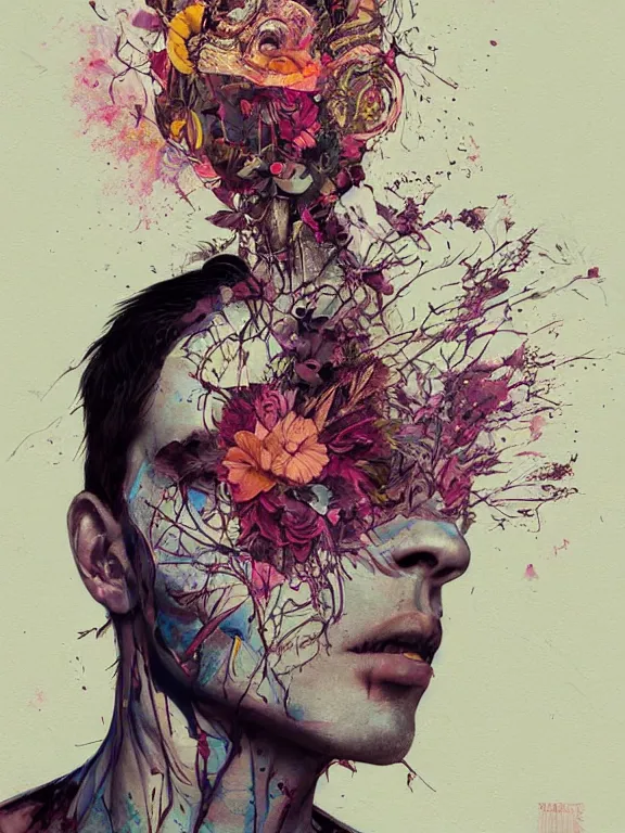 Prompt: art portrait of man with flower in head,by tristan eaton,Stanley Artgermm,Tom Bagshaw,Greg Rutkowski,Carne Griffiths,trending on DeviantArt,face enhance,chillwave,minimalist,ghost in the shell,decay,full of colour,