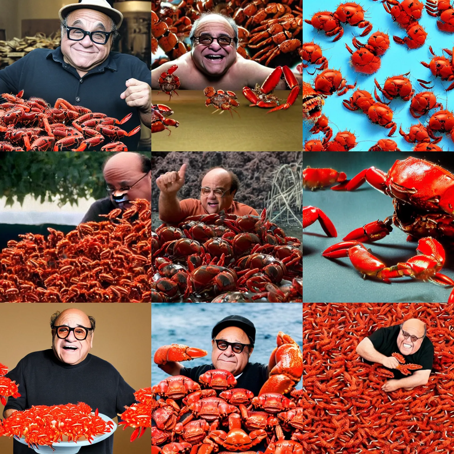 Prompt: Danny Devito fighting an army of small red crabs