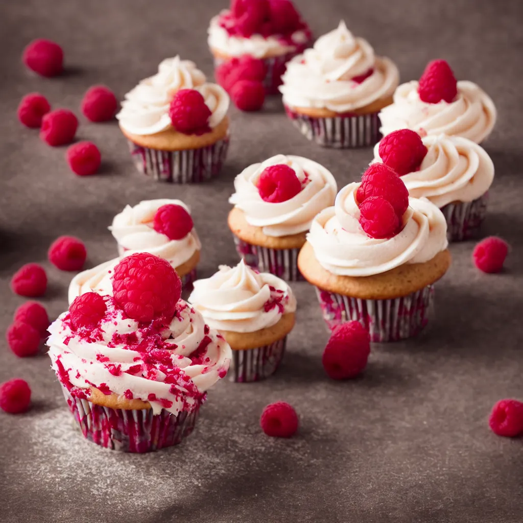 Prompt: raspberry cupcake, dynamic lighting, bokeh, carl zeiss 8 5 mm vintage lens, hyper realistic, award winning food photography