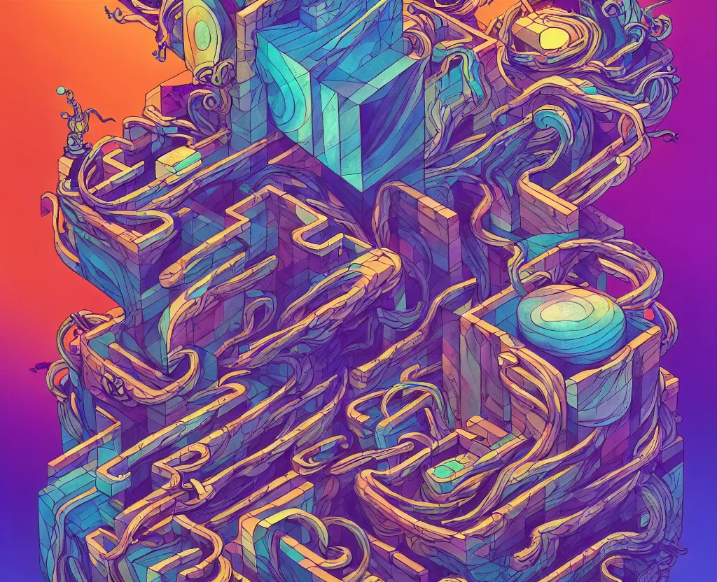 Image similar to arcane twisted turn of fate abstraction, centered award winning ink pen illustration, isometric abstract illustration by dan mumford, edited by craola, technical drawing by beeple and tooth wu, tiny details by artgerm and watercolor girl, symmetrically isometrically centered