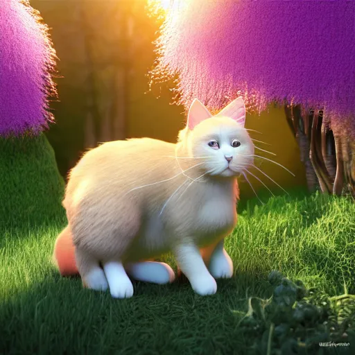 Image similar to cat made of lilac jelly, transparent jelly, sunlight, golden hour, forest, octane render, realistic render, highly detailed, 8k, HD