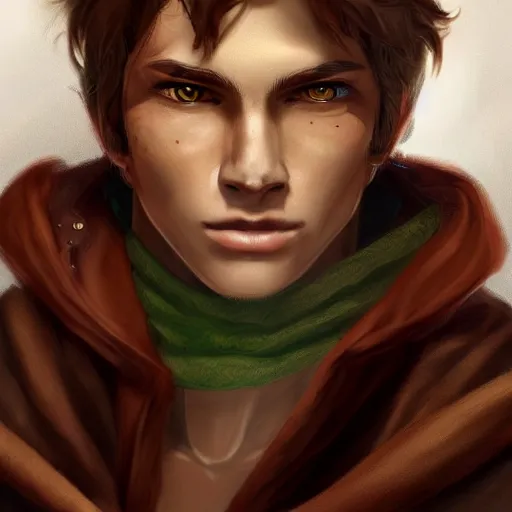 Image similar to realistic portrait, 25 years old man :: athletic fantasy mage :: green eyes, long slightly loosened brown hair :: wearing a brown robe :: high detail, digital art, RPG, concept art, illustration