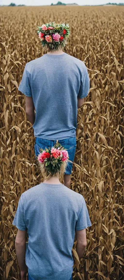 Image similar to agfa vista 4 0 0 photograph of a skinny blonde guy standing in a cornfield, flower crown, back view, grain, moody lighting, telephoto, 9 0 s vibe, blurry background, vaporwave colors!, faded!,