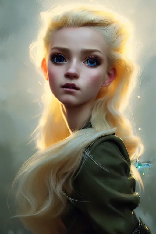 Image similar to cinematic shot of an epic portrait of a cute blonde fairy dressed in military clothes, stylised military clothes, shiny skin, beautiful eyes, beautiful, small details, night setting, realistic poster with volumetric light from craig mallism, artgerm, jeremy lipkin and michael garmash, unreal engine, radiant light, digital art, trends at art station, a masterpiece