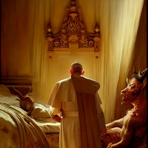 Image similar to the pope is in his bedroom, scared because a horned demon is attacking him. highly detailed painting by gaston bussiere, greg rutkowski, craig mullins 8 k