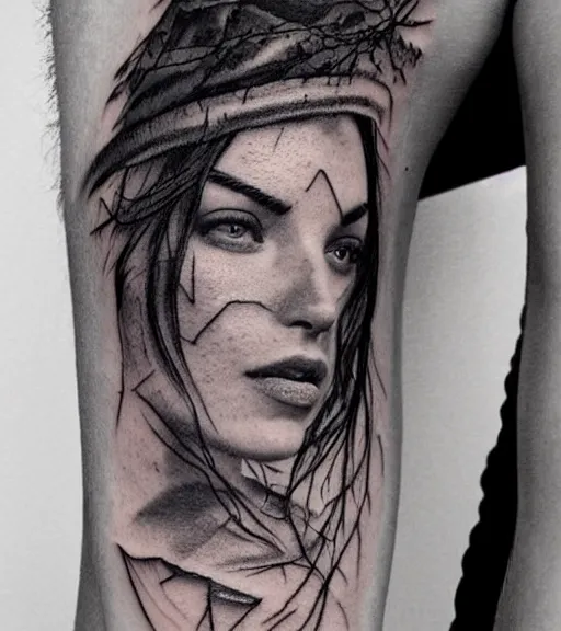 Image similar to fade of a hyper realistic mountain scenery with a beautiful woman face, tattoo design sketch, in the style of matteo pasqualin, hyper - realistic, amazing detail, black and white