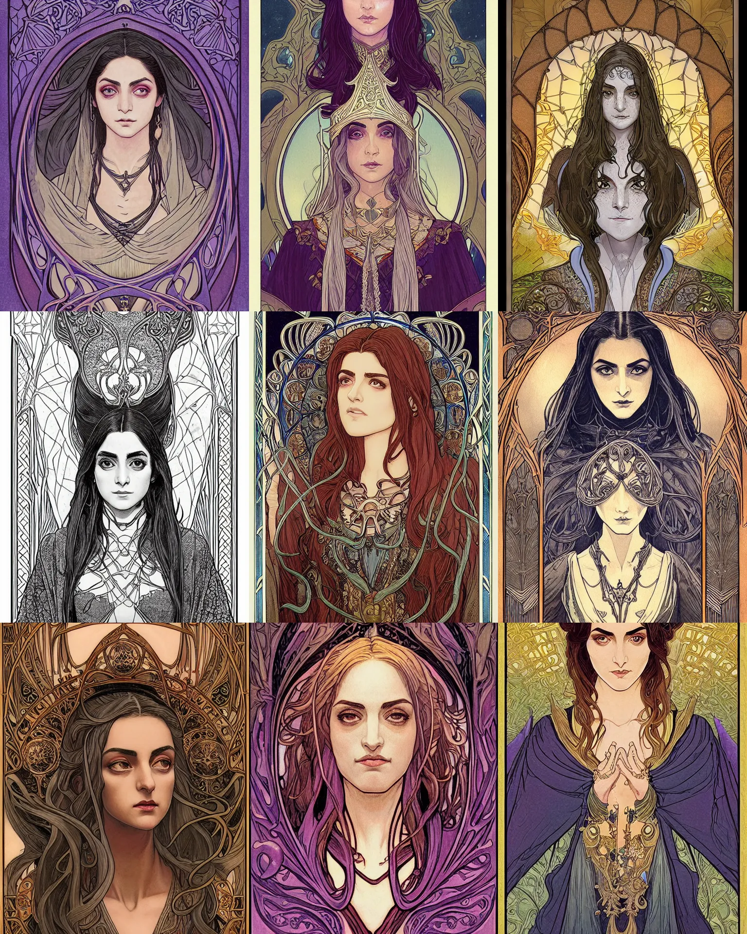Prompt: masterpiece symmetrical centered bust-view portrait, Maya Ali as D&D sorcerer, single head, Neo-Gothic, Art Nouveau style, cell shaded, wizard robe, fantasy, delicate, elegant, in the style of Moebius and Mohrbacher and Alphonse Mucha and Ayami Kojima and Charlie Bowater and Jean Delville, tarot card style, cinematic specular lighting, rich bright colours