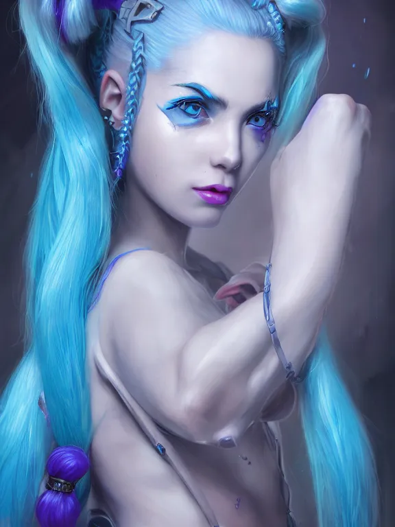 Image similar to a Portrait of JINX from League of Legends, blue hair, pigtail, intricate, elegant, highly detailed, digital painting, concept art, smooth, sharp focus, illustration, by Alex Horley,Heather Theurer,aaron horkey,Greg Rutkowski,artstation,deviantart,FAN ART,Unreal Engine,face enhance,8K,golden ratio,cinematic lighting