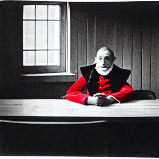 Prompt: a plotting man in a red jester suit sitting in a wooden chair near a table covered with cloth. the room is dimly lit.