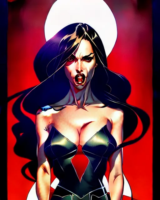 Image similar to artgerm, joshua middleton comic cover art, full body pretty megan fox vampire sharp teeth, red dress, symmetrical eyes, symmetrical face, long curly black hair, dark castle background background, cinematic lighting