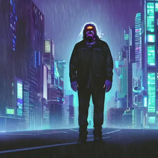 Image similar to Cyberpunk Gabe Newell standing in the street of a cyberpunk city at night in the rain, detailed