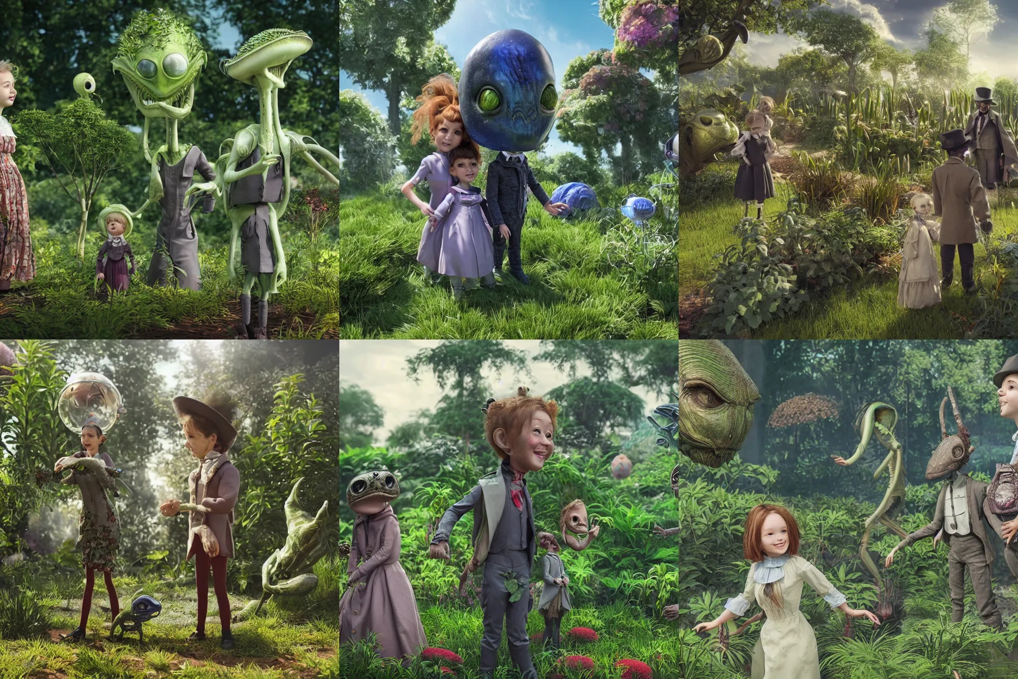 Prompt: a girl and a boy standing next to some alien plants, looking happy, wearing victorian clothes, their small pet alien creature is playing nearby, in a park on a alien planet, extremely high detail, ultra realistic facial details, enhanced faces, ultra photorealistic raytracing, 8k