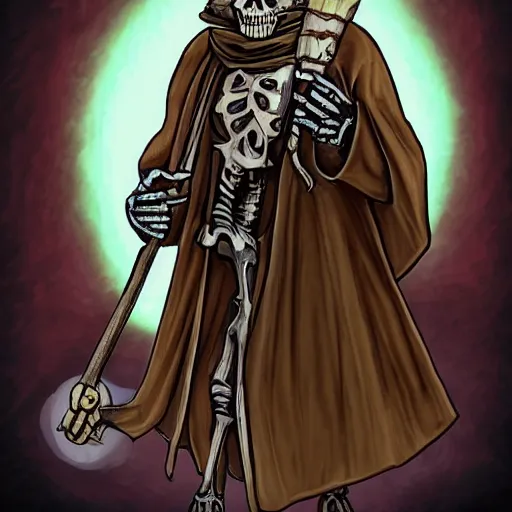 Prompt: skeleton wizard in a robe holding a staff and a scroll, digital art