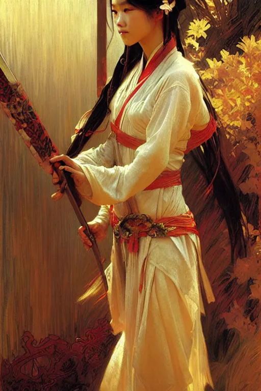 Image similar to attractive female, wuxia, painting by gaston bussiere, craig mullins, greg rutkowski, alphonse mucha