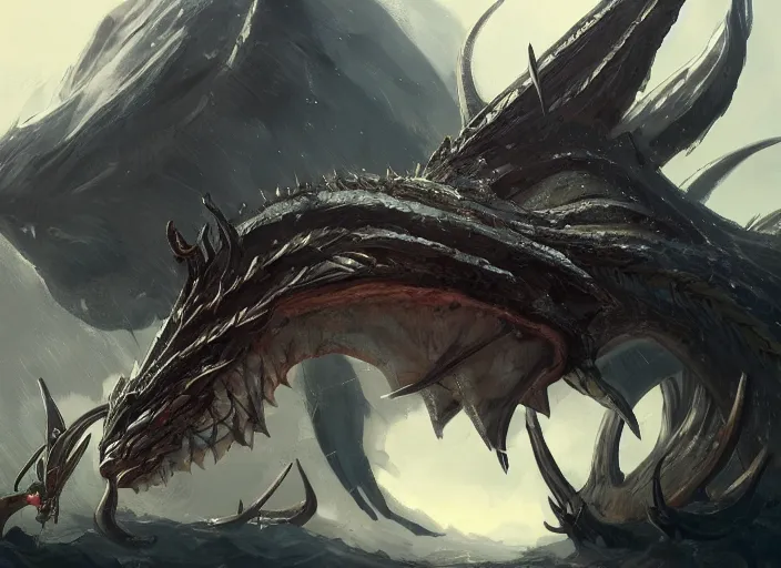 Image similar to detailed concept art of a giant dragon fish character with huge horns by richard anderson and luolin, artstation, artstationhd