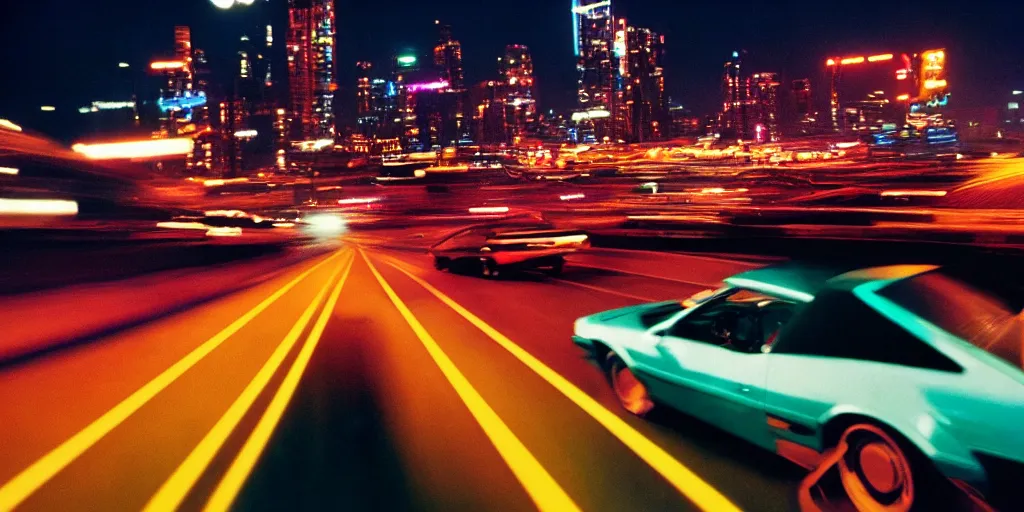 Image similar to 8 0 s neon movie still, high speed car chase on the highway with city in background, medium format color photography, 8 k resolution, movie directed by kar wai wong, hyperrealistic, photorealistic, high definition, highly detailed, tehnicolor, anamorphic lens, award - winning photography, masterpiece