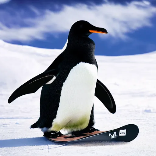 Image similar to ultrawide angle photograph of a snowboarding penguin wearing a helmet and snow goggles. the snowboard is made by burton. extremely detailed hyperrealistic photo, 8 k