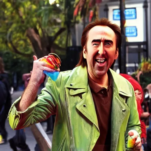 Image similar to nic cage excited about eating colorful ice creams