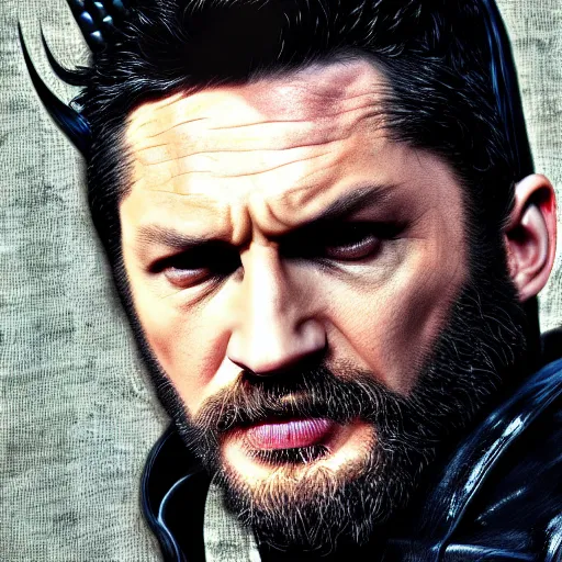 Image similar to Tom Hardy as wolverine in Black Damaged leather suit Digital art 4K quality