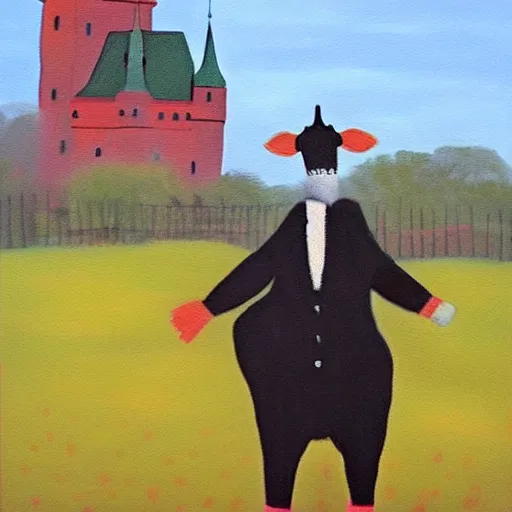 Image similar to painting by larsson, cow, dressed, anthropomorphic!!, wearing!!! clothes!!!, standing next to royal castle!!!