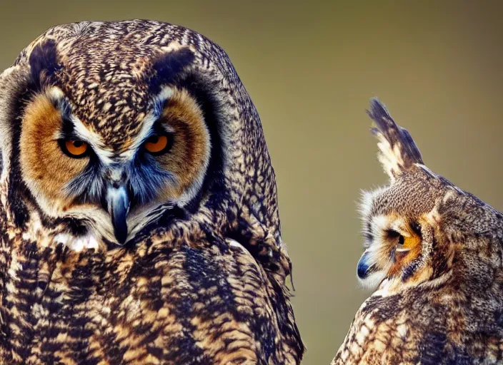 Prompt: an award winning photo of a creature that's part grizzly bear and part great horned owl, 4 k, wildlife photography, high quality, national geographic