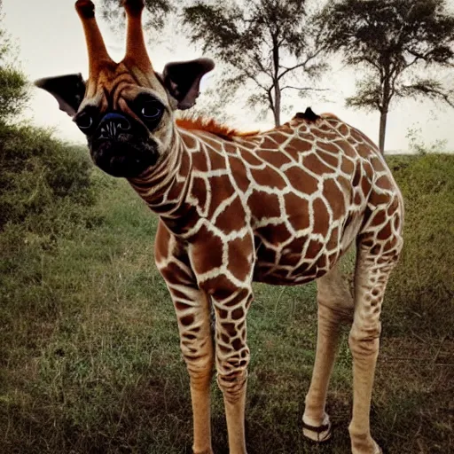 Image similar to a Giraffe-Pug Hybrid, A Giraffe that looks like a pug, huge tusks, afternoon hangout, good times photograph, candid